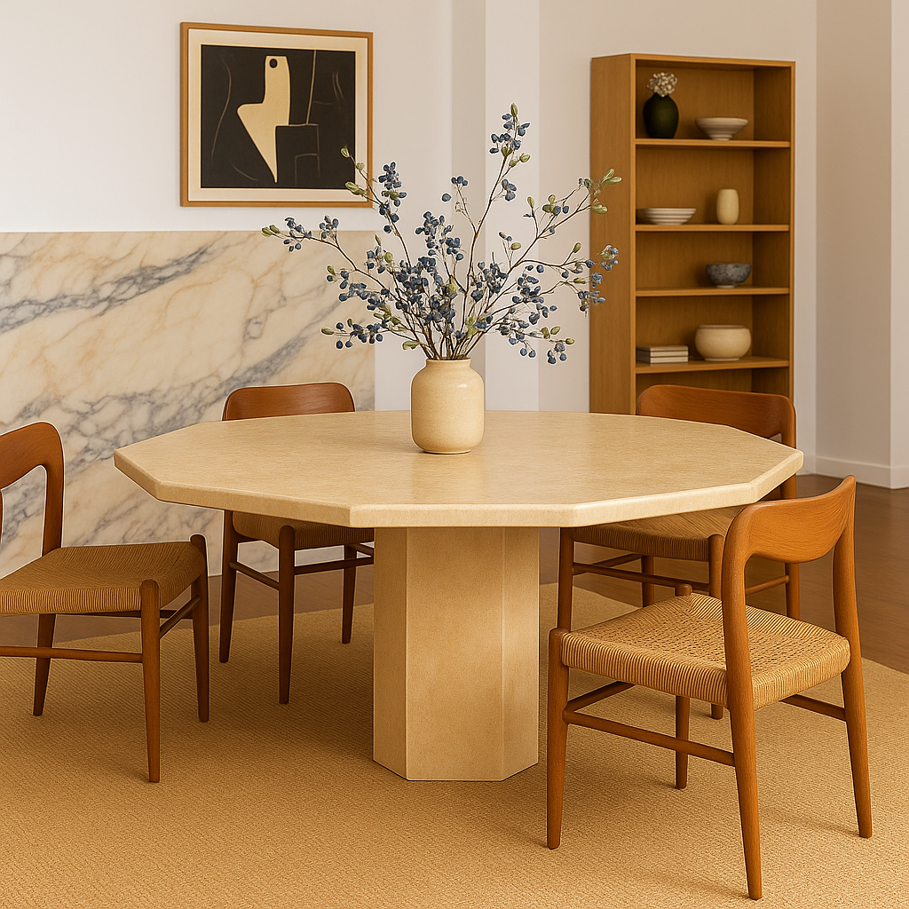 Mid-Century Octagonal Travertine Dining Table Italy 1980
