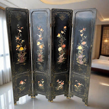 Load image into Gallery viewer, Chinese Black Carved Soapstone Flower Birds 4 Panel Folding Screen Room Divider
