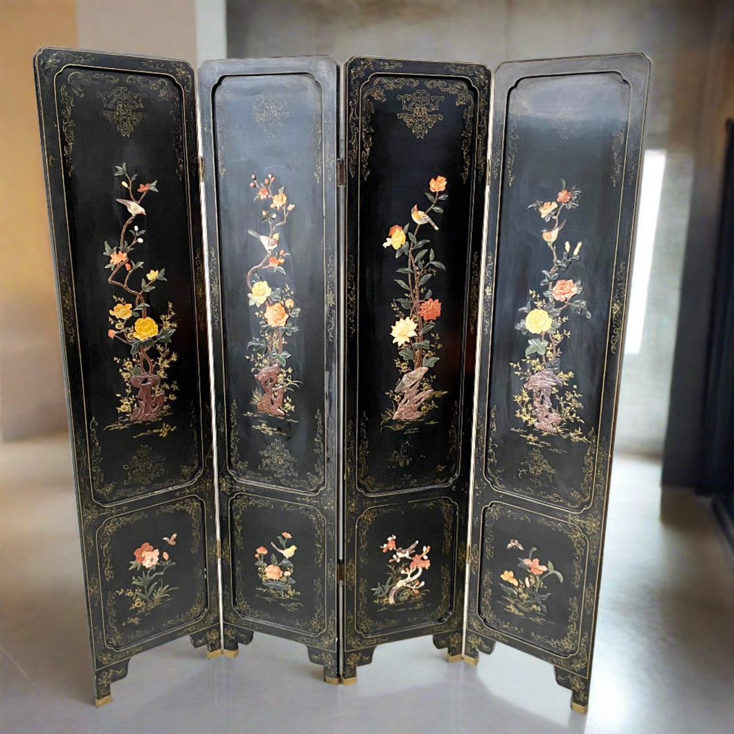 Chinese Black Carved Soapstone Flower Birds 4 Panel Folding Screen Room Divider