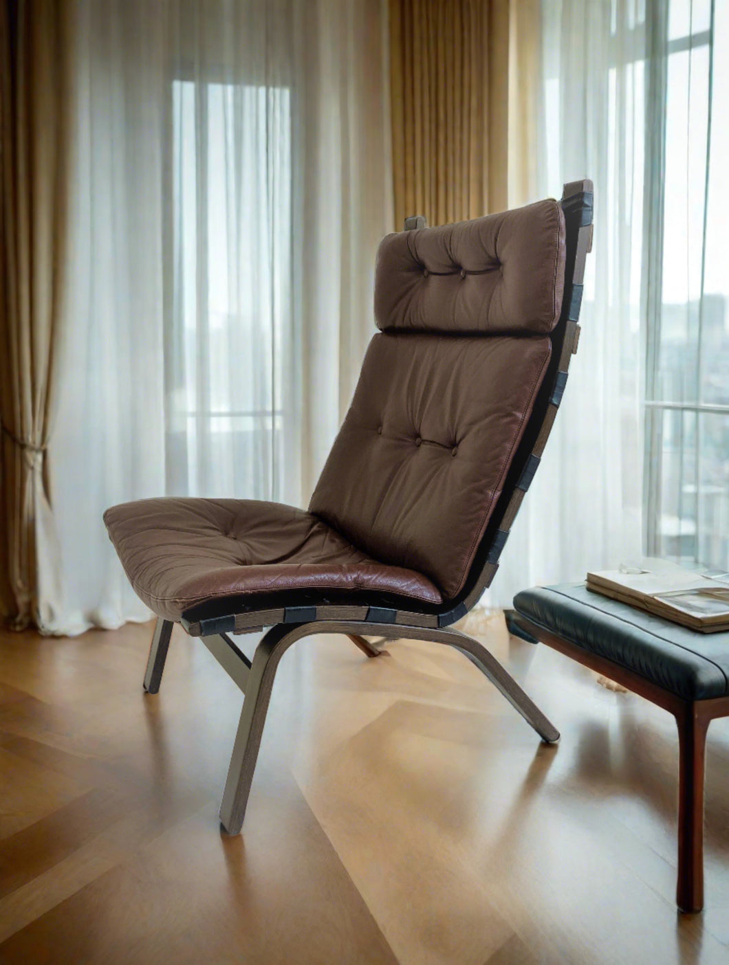 Danish Brown Leather Lounge Chair Farstrup, Denmark 1970