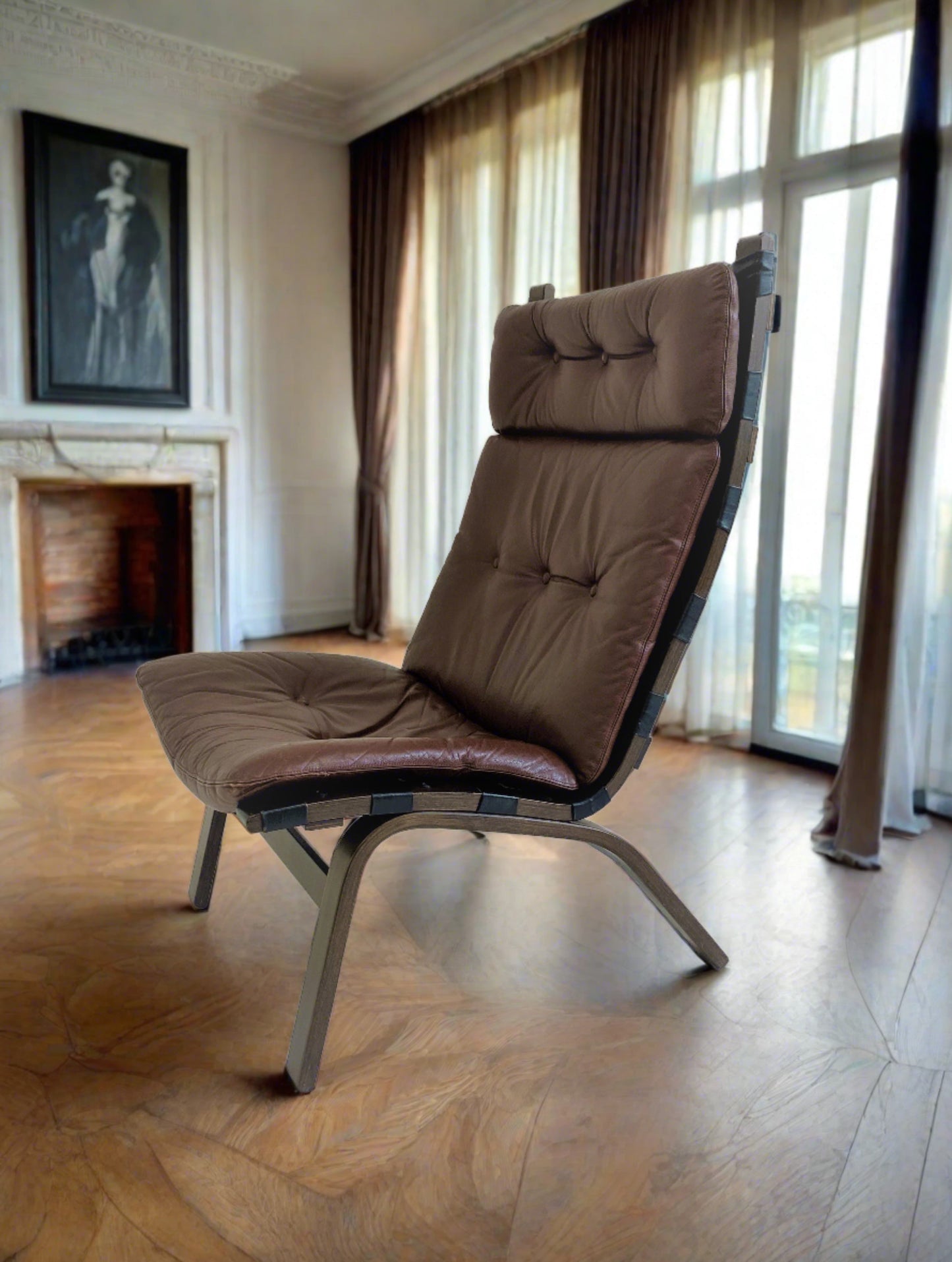 Fauteuil lounge en cuir marron danois, Farstrup, Danemark, 1970