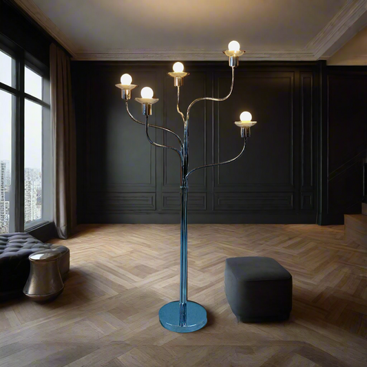 Stehlampe aus der Mitte des 20. Jahrhunderts, verchromt, mit fünf flexiblen Armen, Stil Pierre Folie für Jacques Charpentier, 1960
