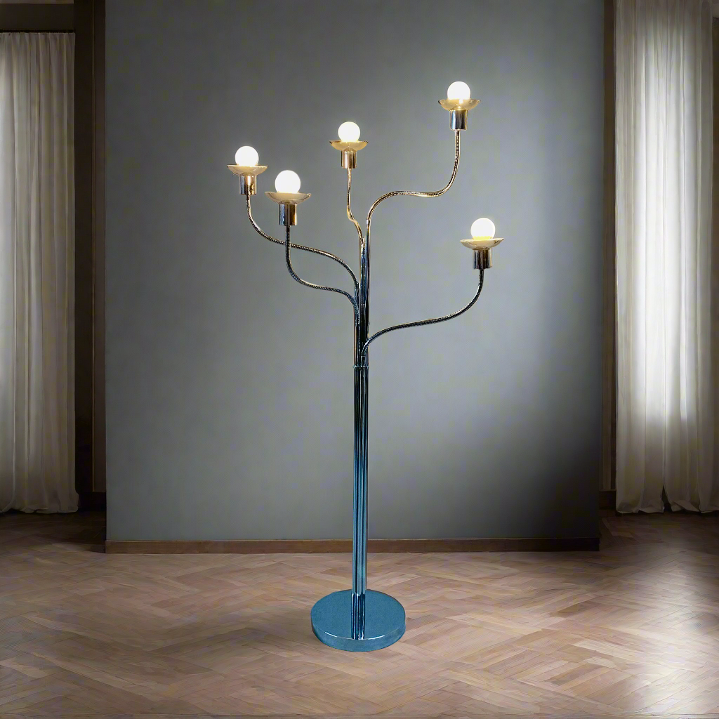 Stehlampe aus der Mitte des 20. Jahrhunderts, verchromt, mit fünf flexiblen Armen, Stil Pierre Folie für Jacques Charpentier, 1960