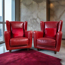 Load image into Gallery viewer, 2 x Mid-century Ox-blood Red Leather Lounge Chairs &quot;Bergère&quot; by Baxter, Italy 1980
