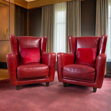 Load image into Gallery viewer, 2 x Mid-century Ox-blood Red Leather Lounge Chairs &quot;Bergère&quot; by Baxter, Italy 1980
