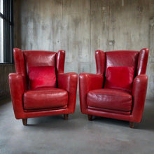 Load image into Gallery viewer, 2 x Mid-century Ox-blood Red Leather Lounge Chairs &quot;Bergère&quot; by Baxter, Italy 1980
