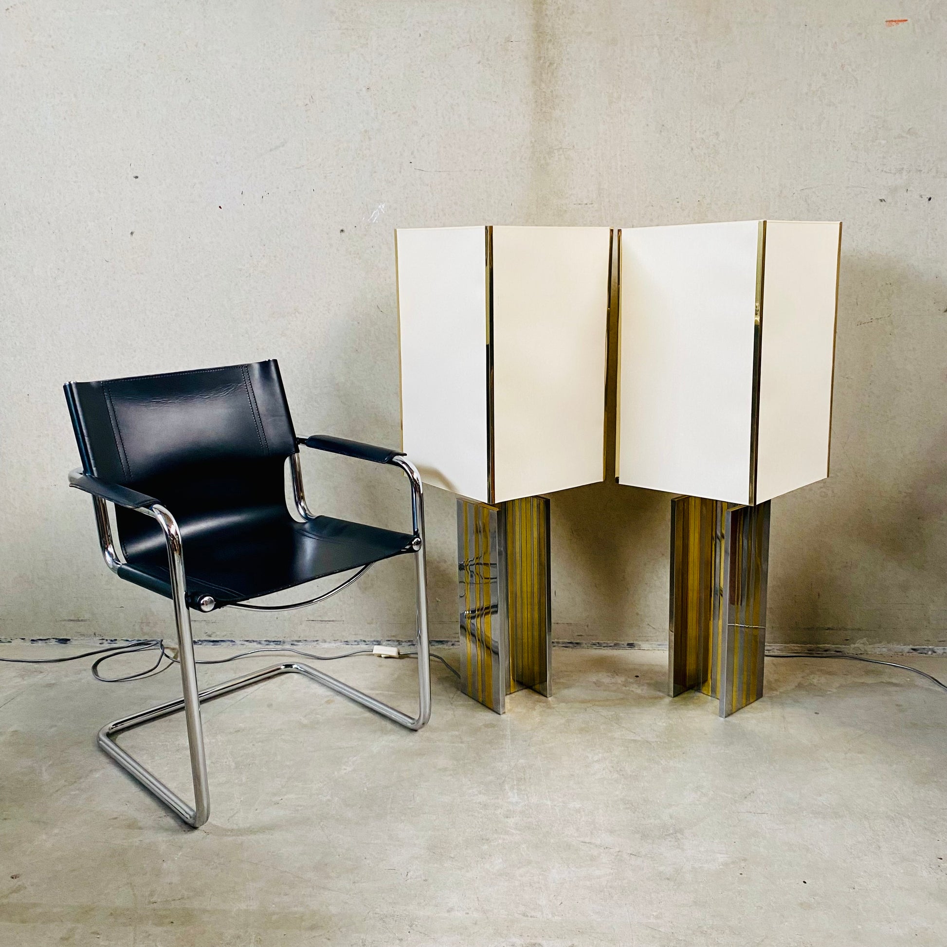 Set of 2 Mid-century Brass and Chrome Table Lamps in Style of Romeo Rega, Italy 1970