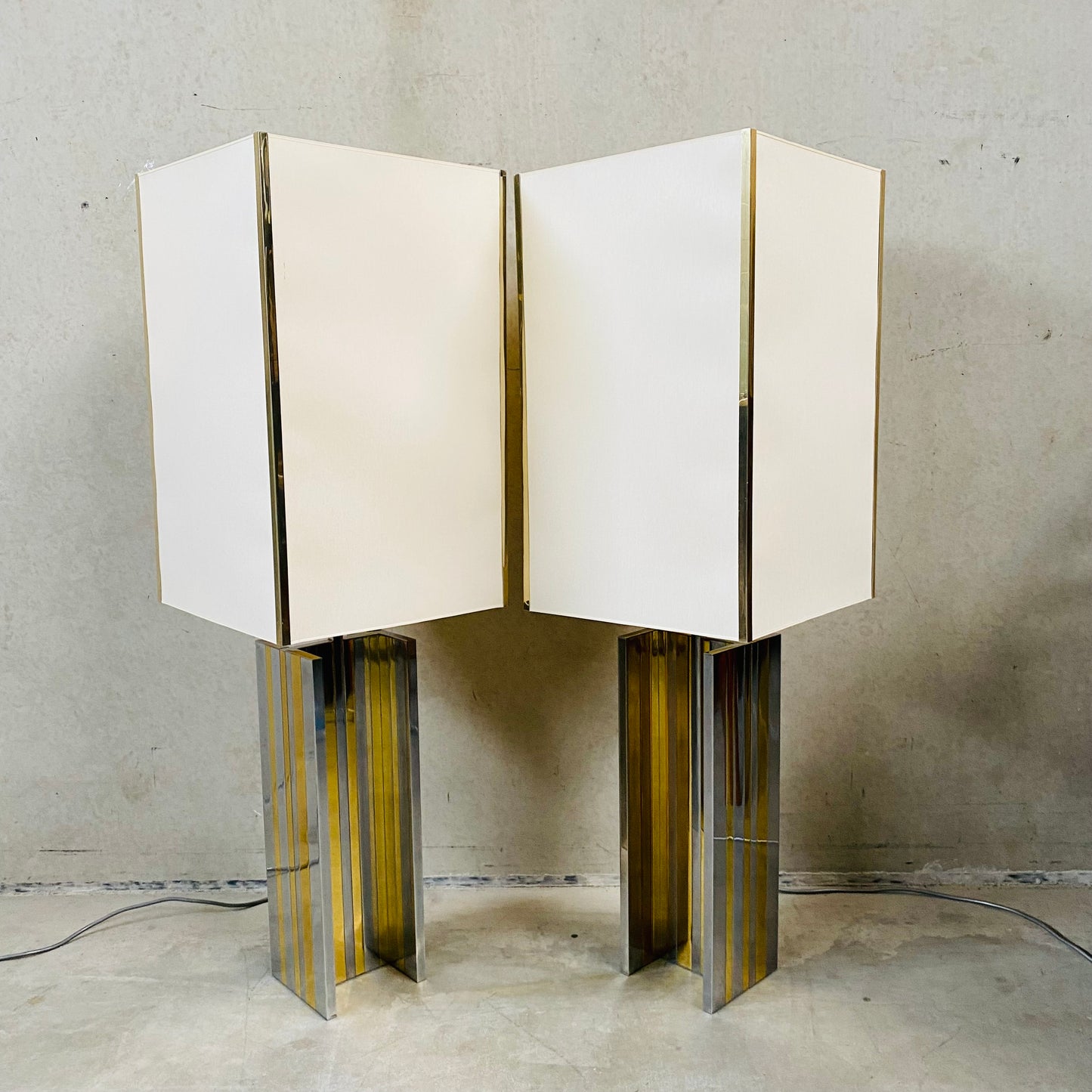 Set of 2 Mid-century Brass and Chrome Table Lamps in Style of Romeo Rega, Italy 1970