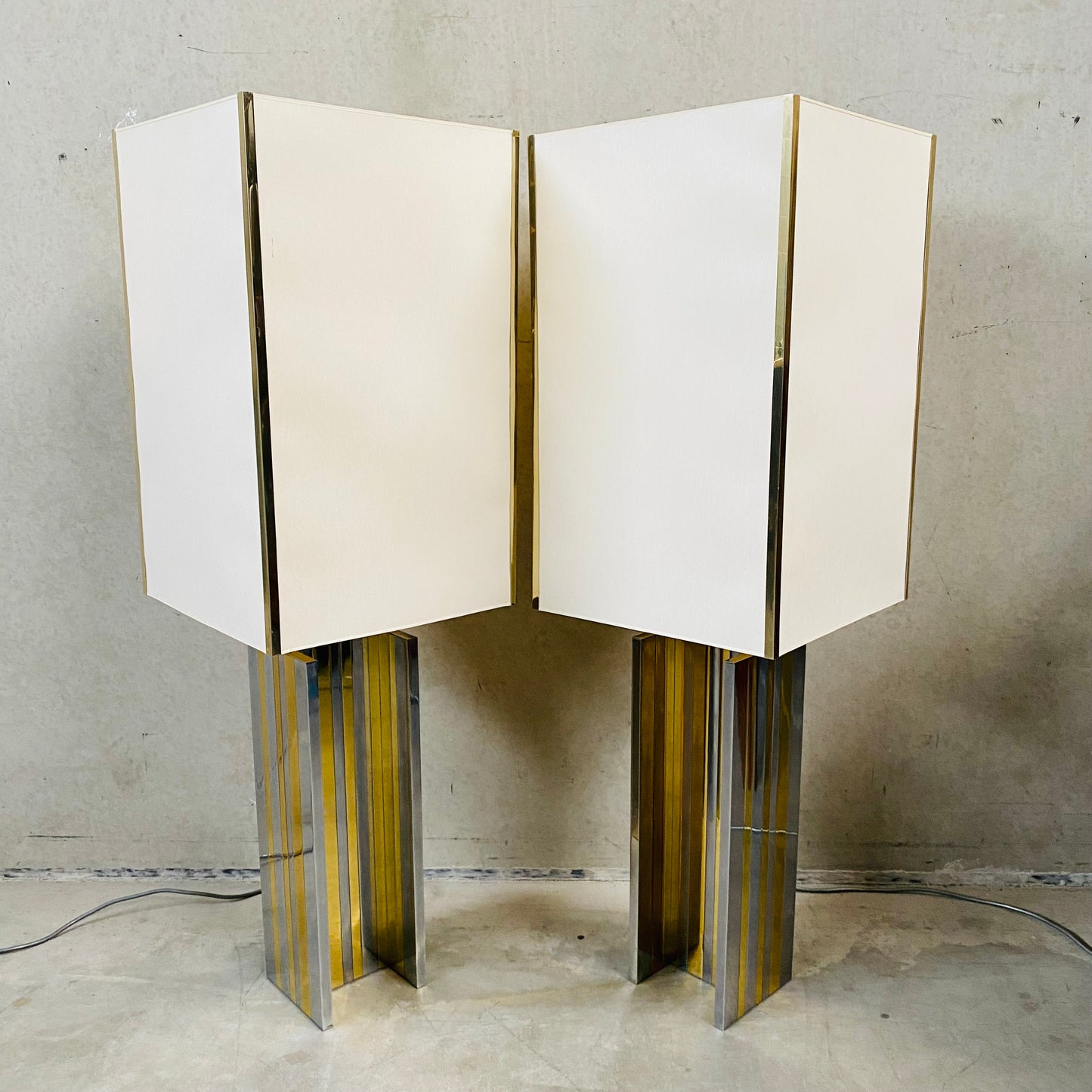 Set of 2 Mid-century Brass and Chrome Table Lamps in Style of Romeo Rega, Italy 1970
