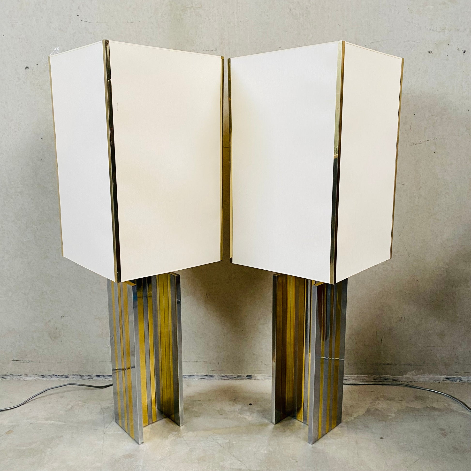 Set of 2 Mid-century Brass and Chrome Table Lamps in Style of Romeo Rega, Italy 1970