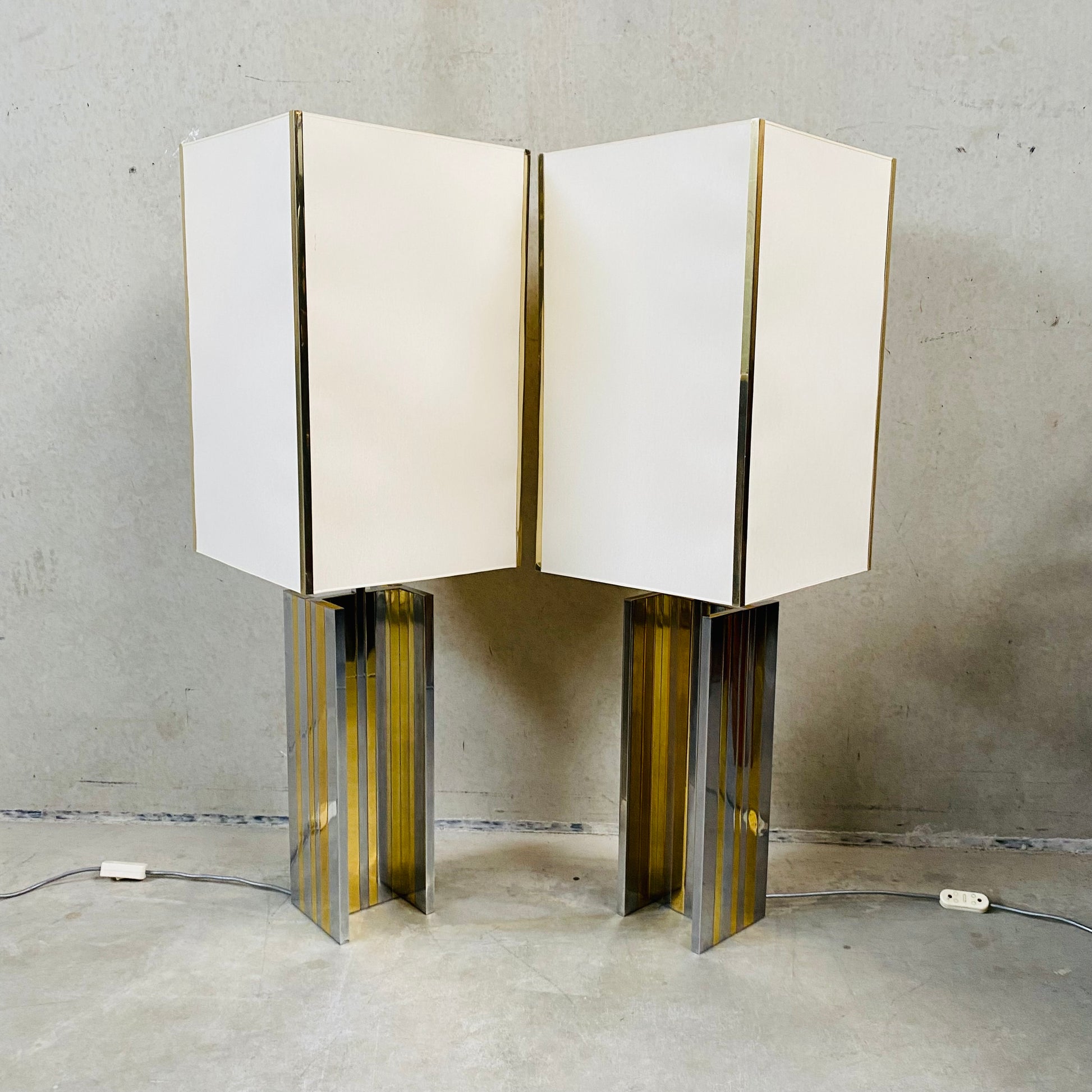 Set of 2 Mid-century Brass and Chrome Table Lamps in Style of Romeo Rega, Italy 1970
