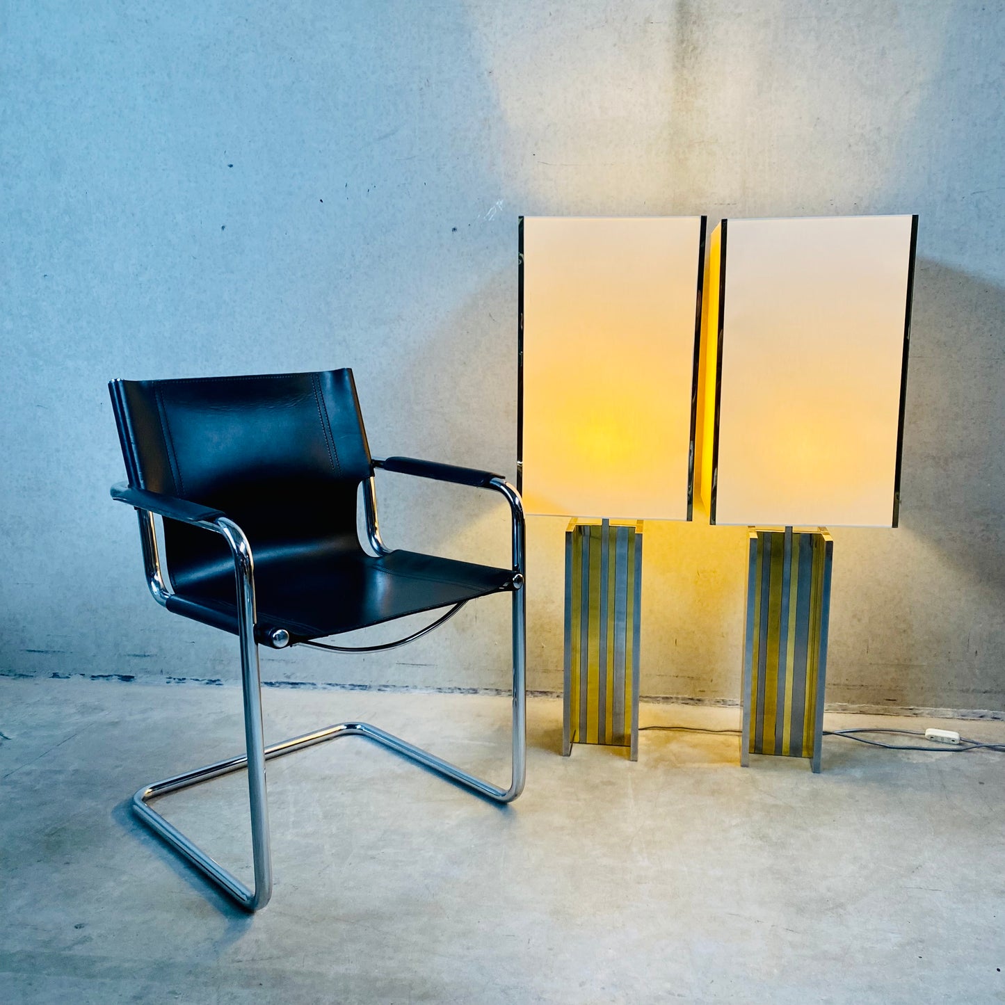 Set of 2 Mid-century Brass and Chrome Table Lamps in Style of Romeo Rega, Italy 1970