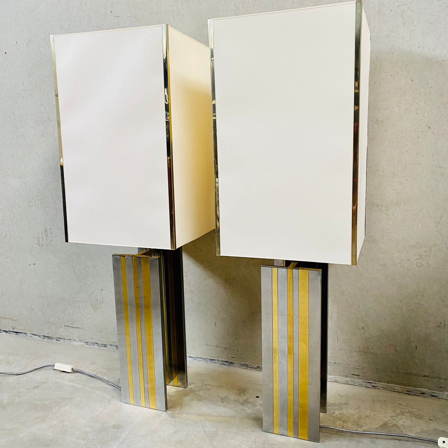 Set of 2 Mid-century Brass and Chrome Table Lamps in Style of Romeo Rega, Italy 1970