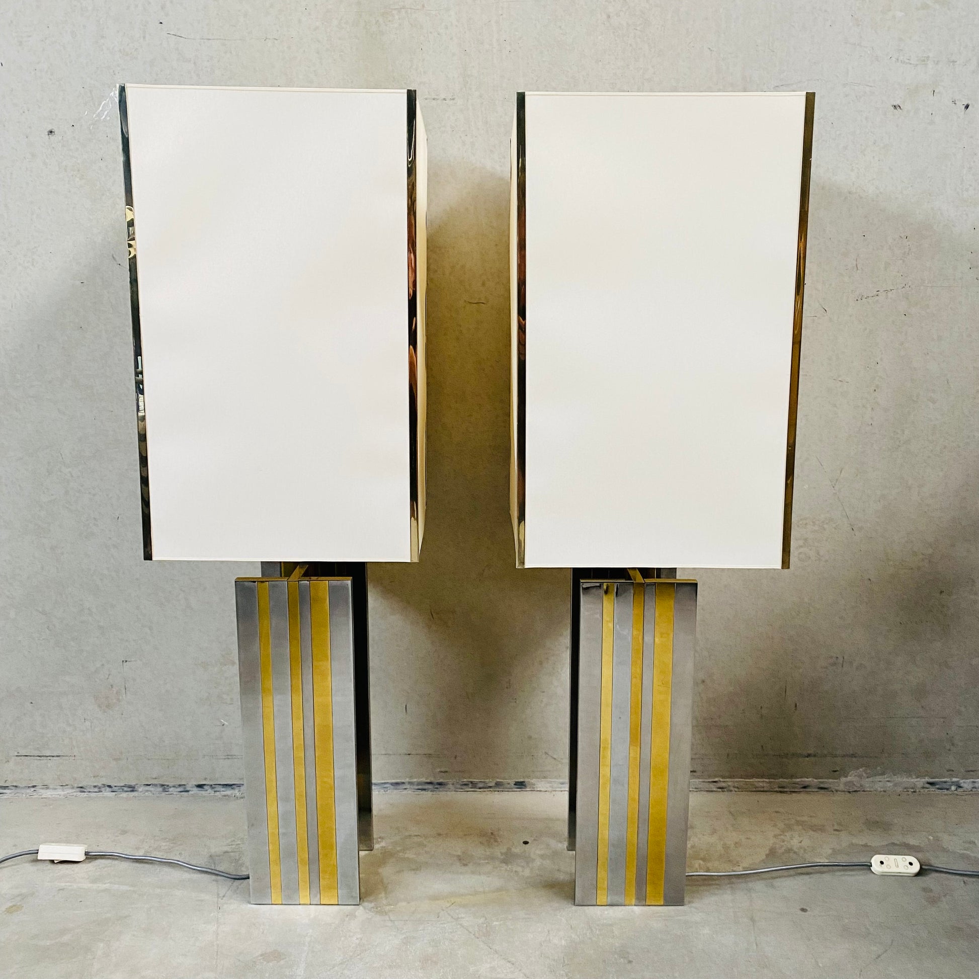 Set of 2 Mid-century Brass and Chrome Table Lamps in Style of Romeo Rega, Italy 1970