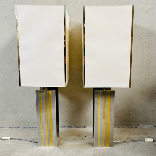 Set of 2 Mid-century Brass and Chrome Table Lamps in Style of Romeo Rega, Italy 1970