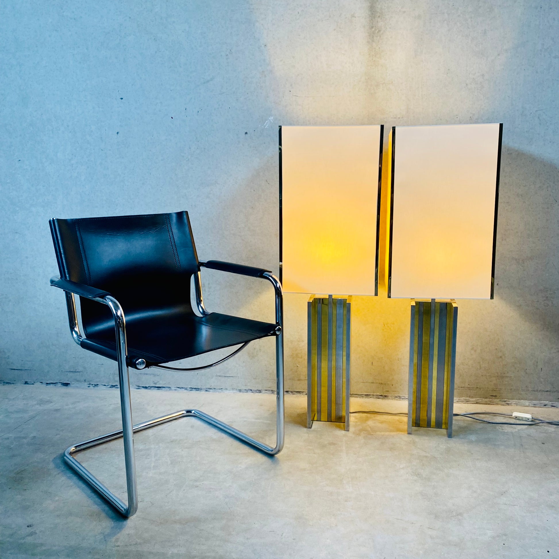 Set of 2 Mid-century Brass and Chrome Table Lamps in Style of Romeo Rega, Italy 1970