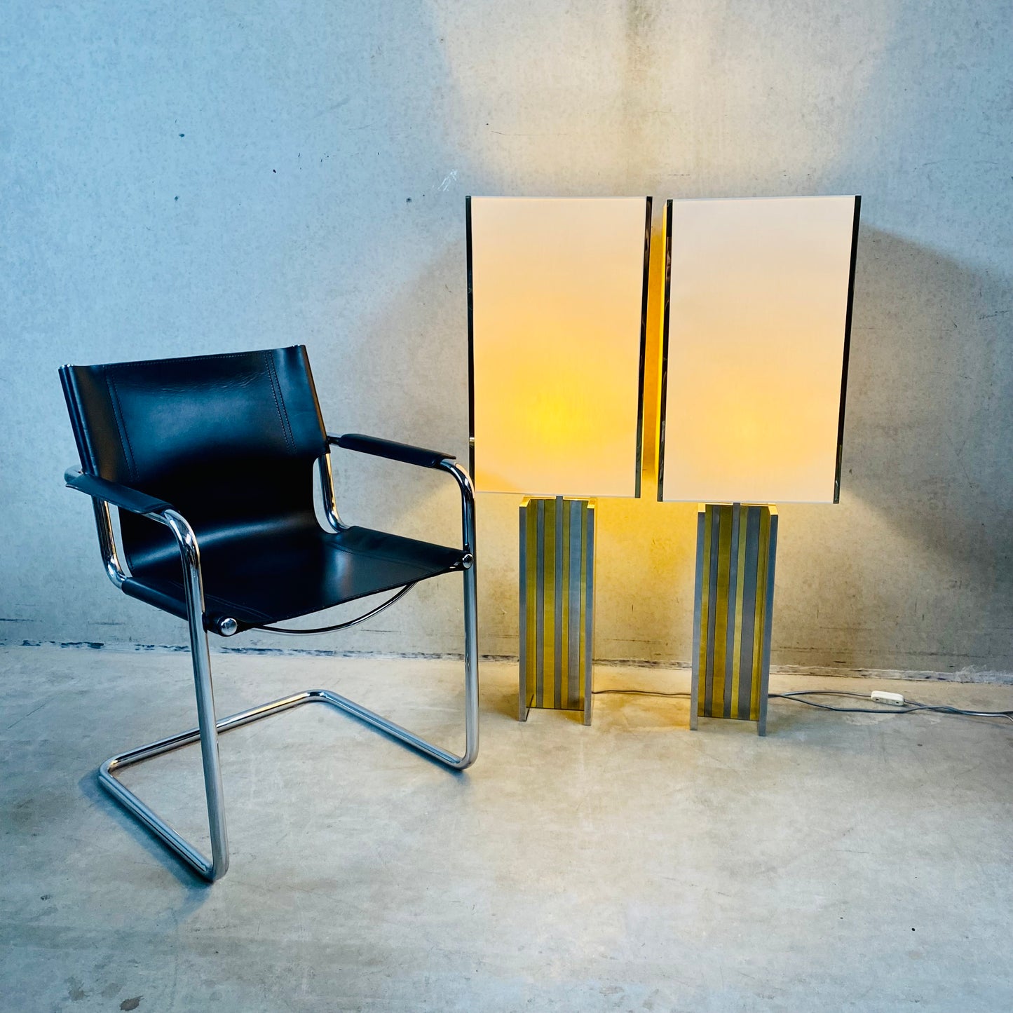 Set of 2 Mid-century Brass and Chrome Table Lamps in Style of Romeo Rega, Italy 1970