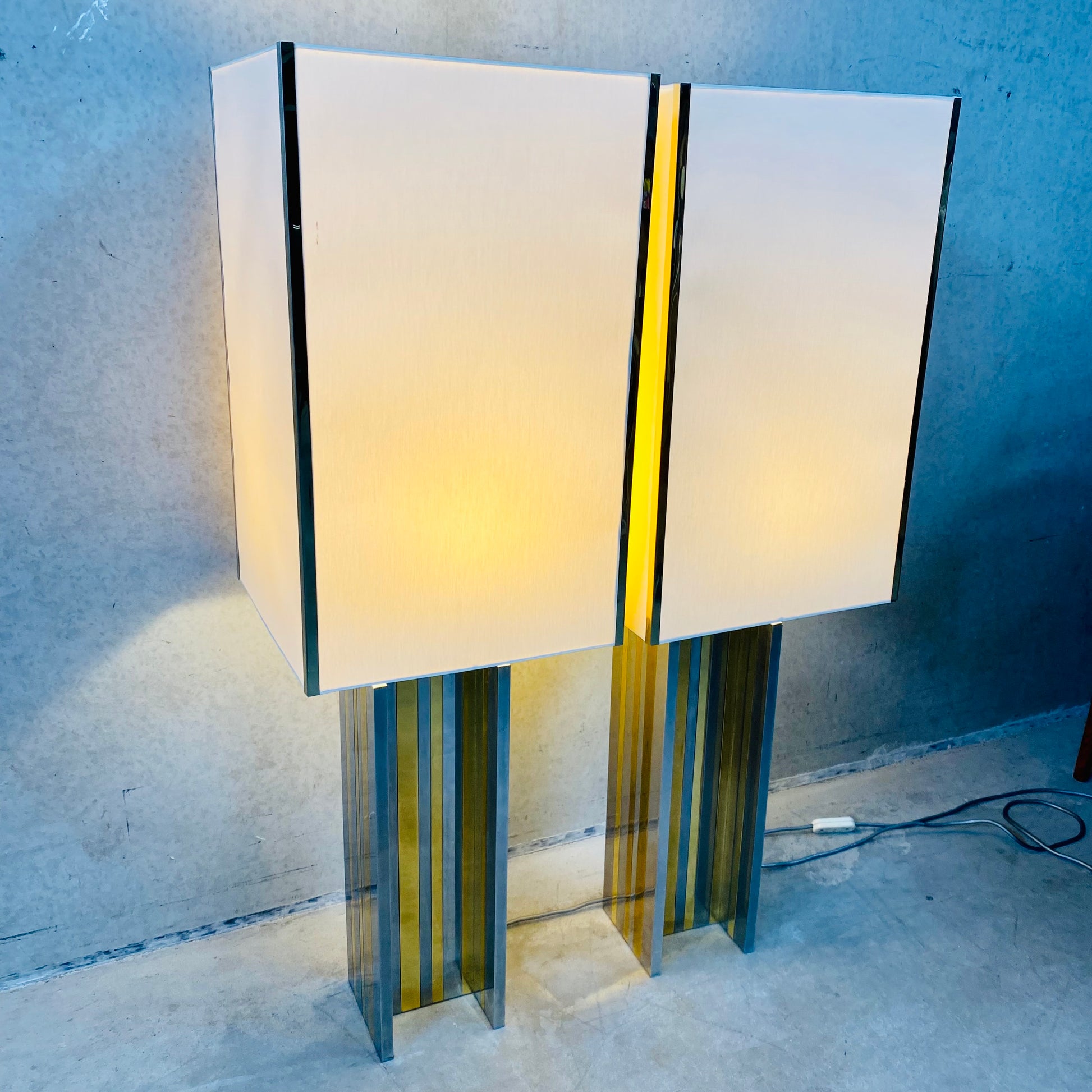 Set of 2 Mid-century Brass and Chrome Table Lamps in Style of Romeo Rega, Italy 1970