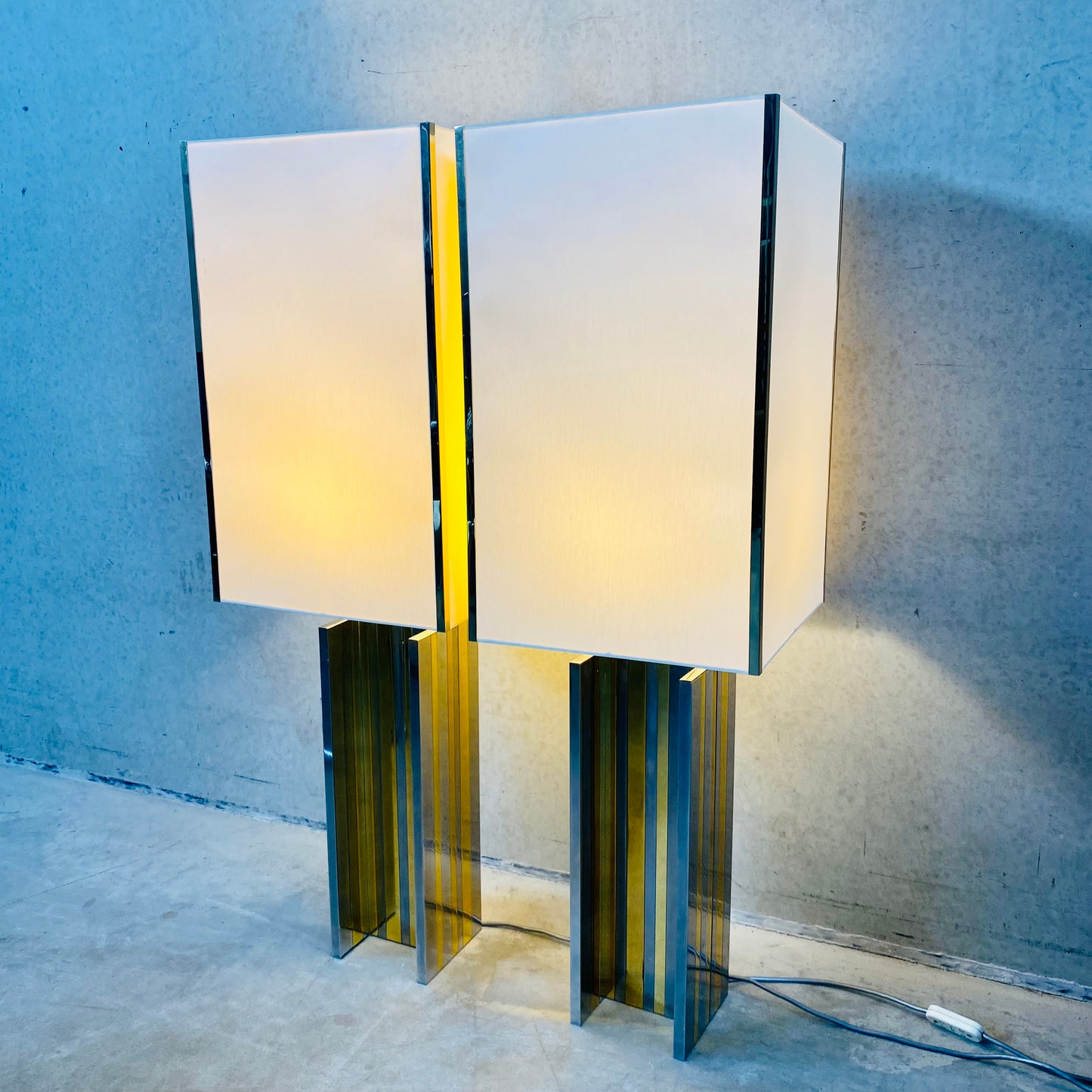 Set of 2 Mid-century Brass and Chrome Table Lamps in Style of Romeo Rega, Italy 1970