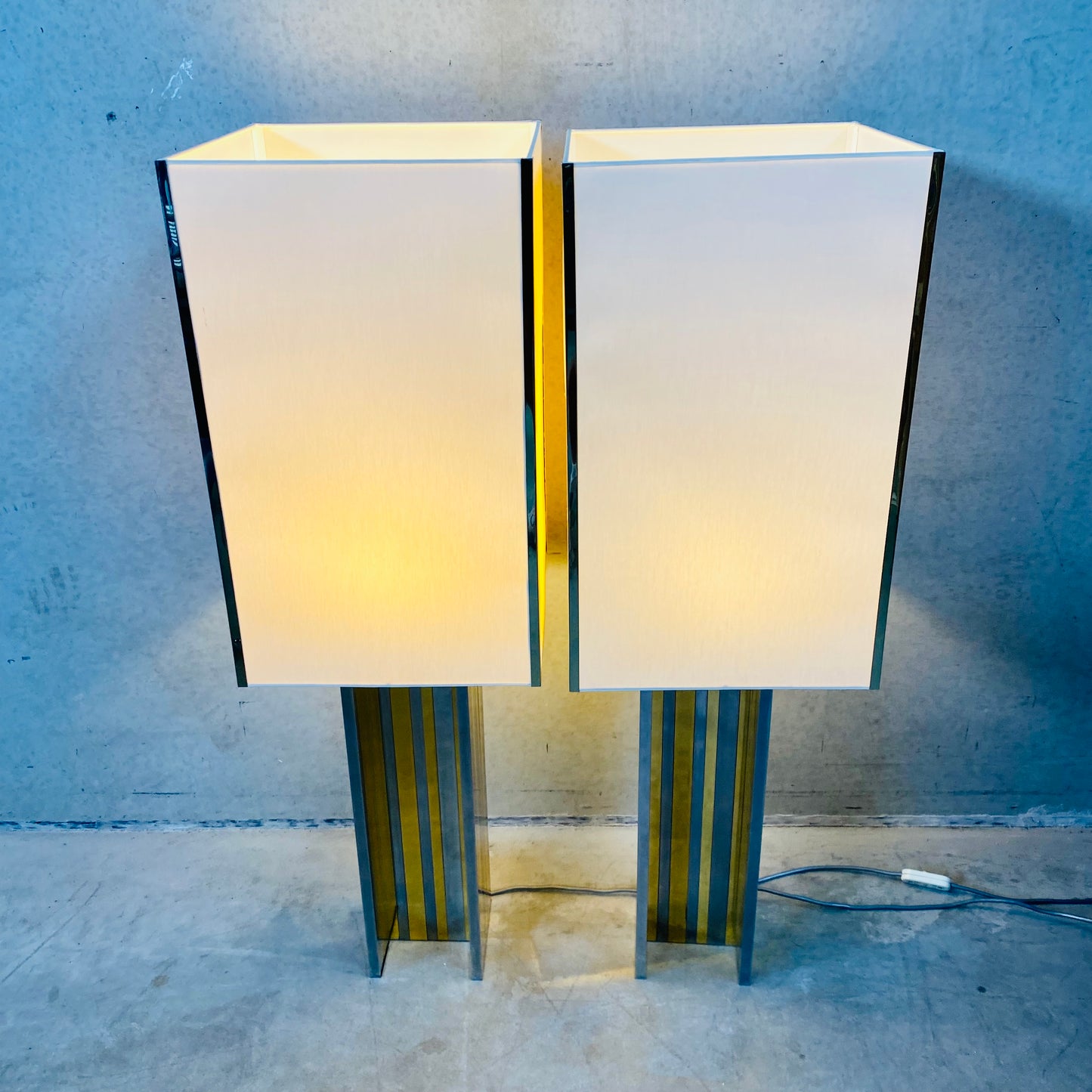 Set of 2 Mid-century Brass and Chrome Table Lamps in Style of Romeo Rega, Italy 1970