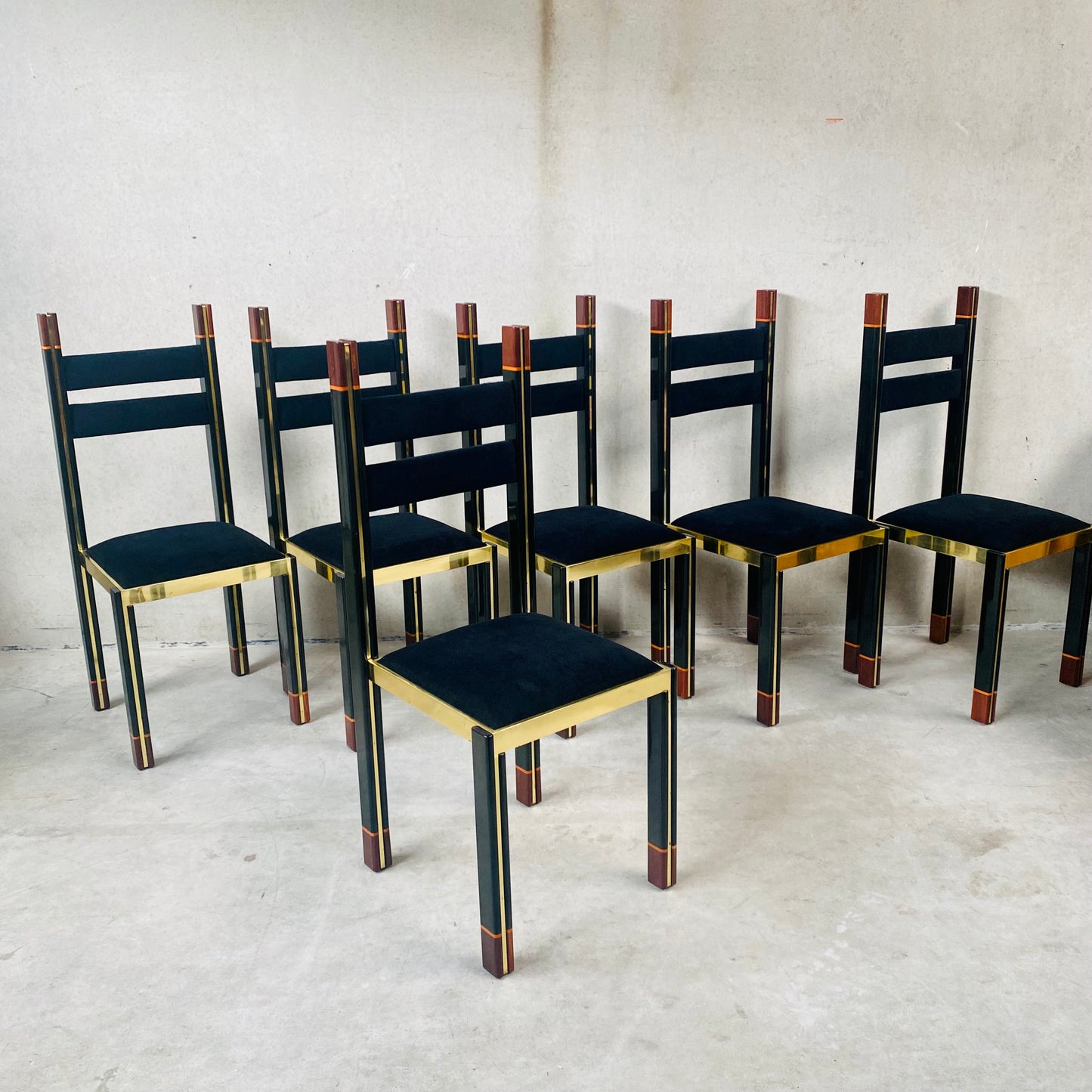 Mid-Century Brass and Italian Walnut Dining Chairs by Paolo Barracchia for Roman Deco, Italy 1978