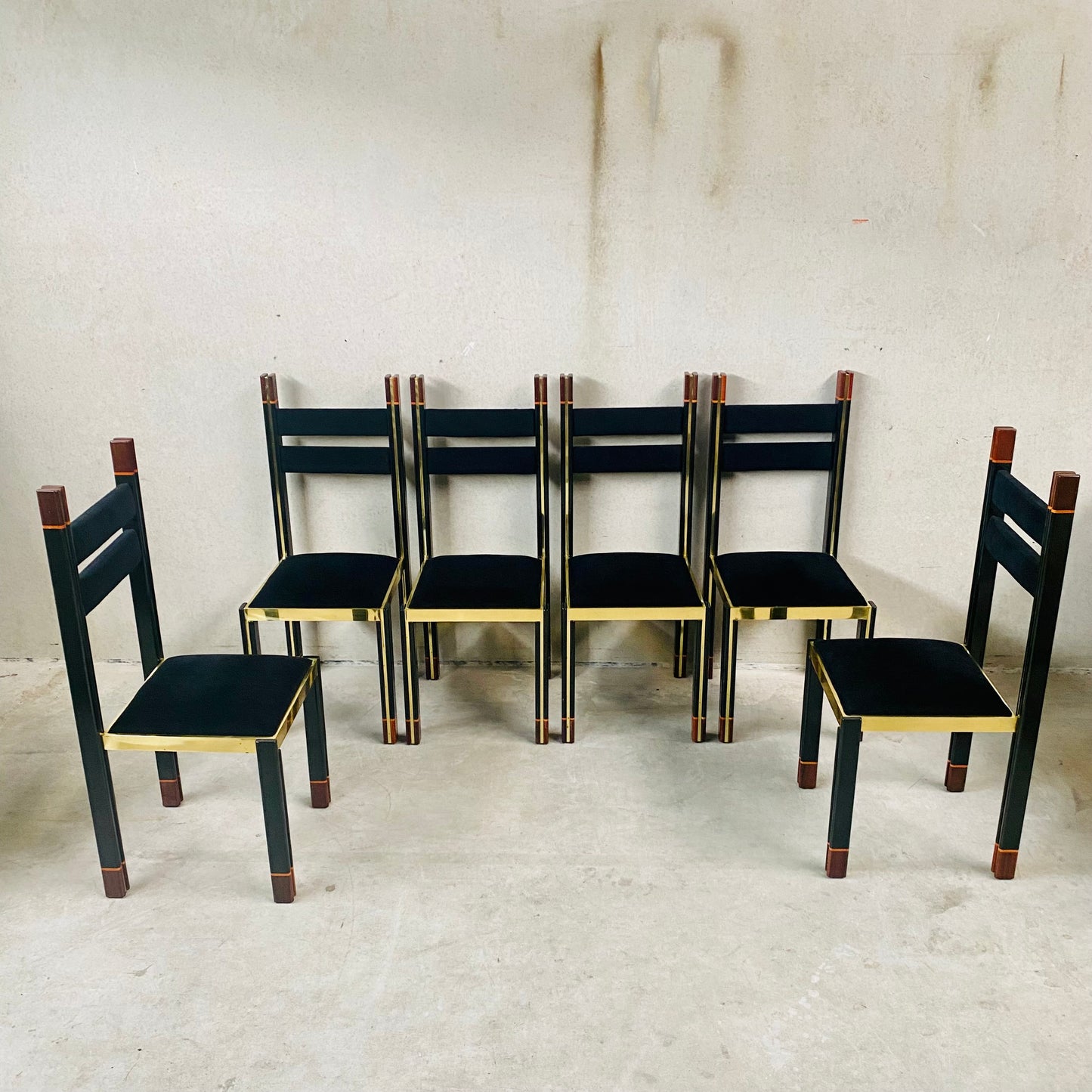 Mid-Century Brass and Italian Walnut Dining Chairs by Paolo Barracchia for Roman Deco, Italy 1978