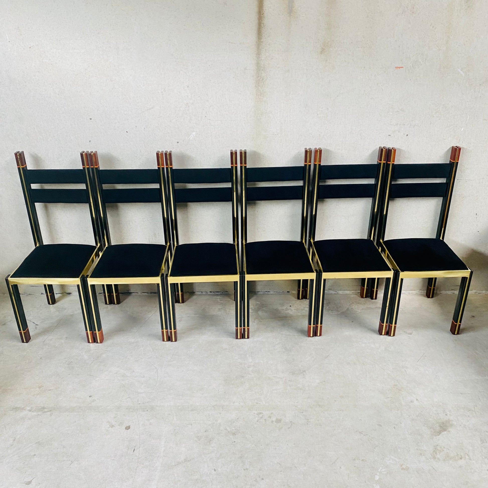 Mid-Century Brass and Italian Walnut Dining Chairs by Paolo Barracchia for Roman Deco, Italy 1978