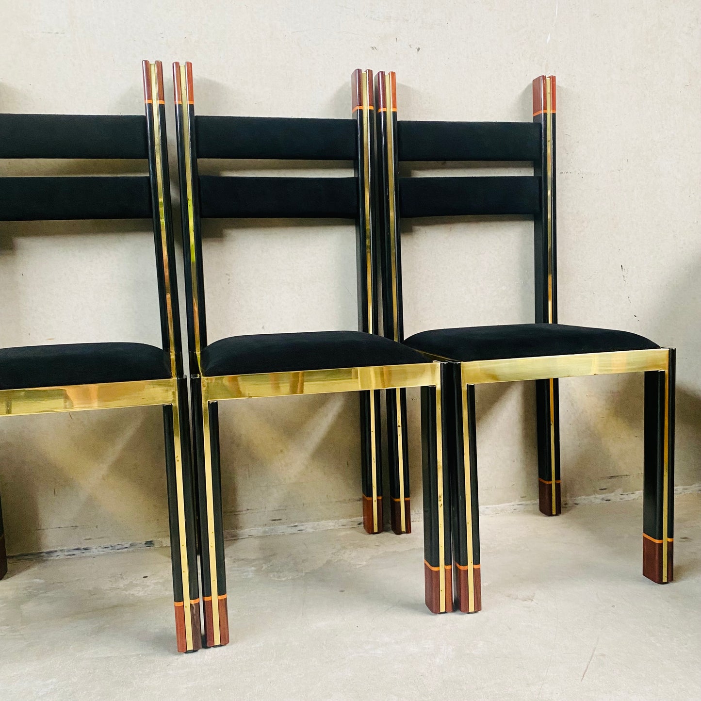 Mid-Century Brass and Italian Walnut Dining Chairs by Paolo Barracchia for Roman Deco, Italy 1978