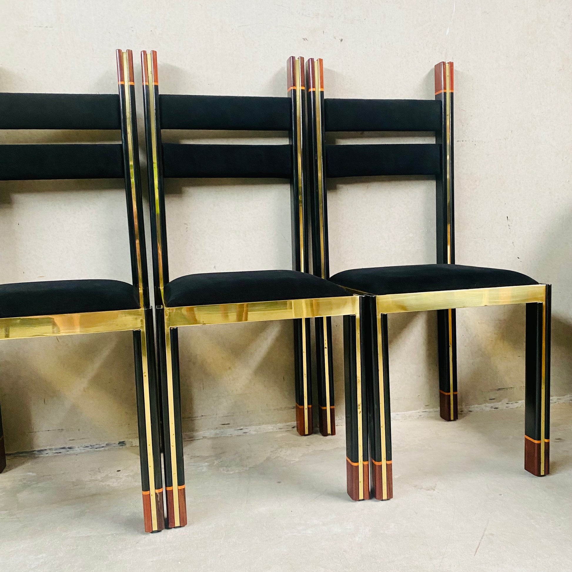 Mid-Century Brass and Italian Walnut Dining Chairs by Paolo Barracchia for Roman Deco, Italy 1978