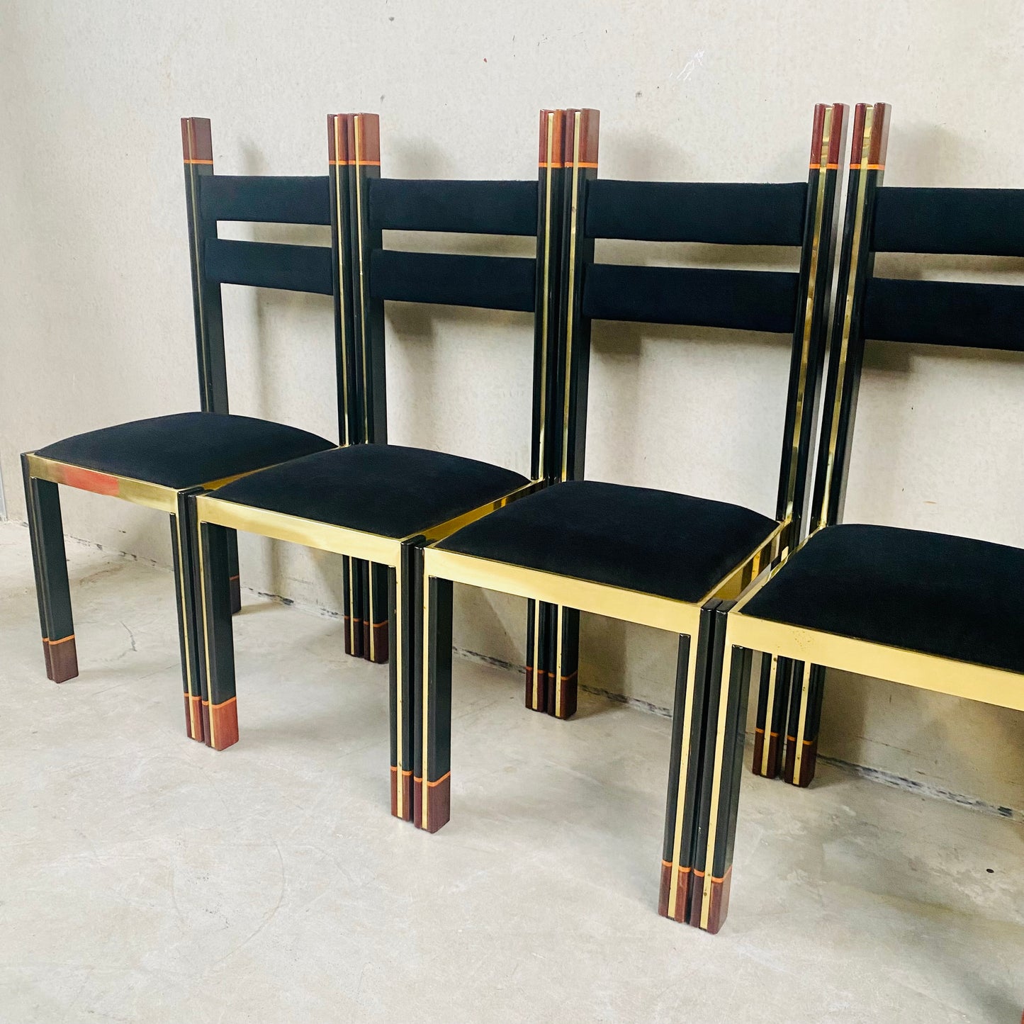 Mid-Century Brass and Italian Walnut Dining Chairs by Paolo Barracchia for Roman Deco, Italy 1978