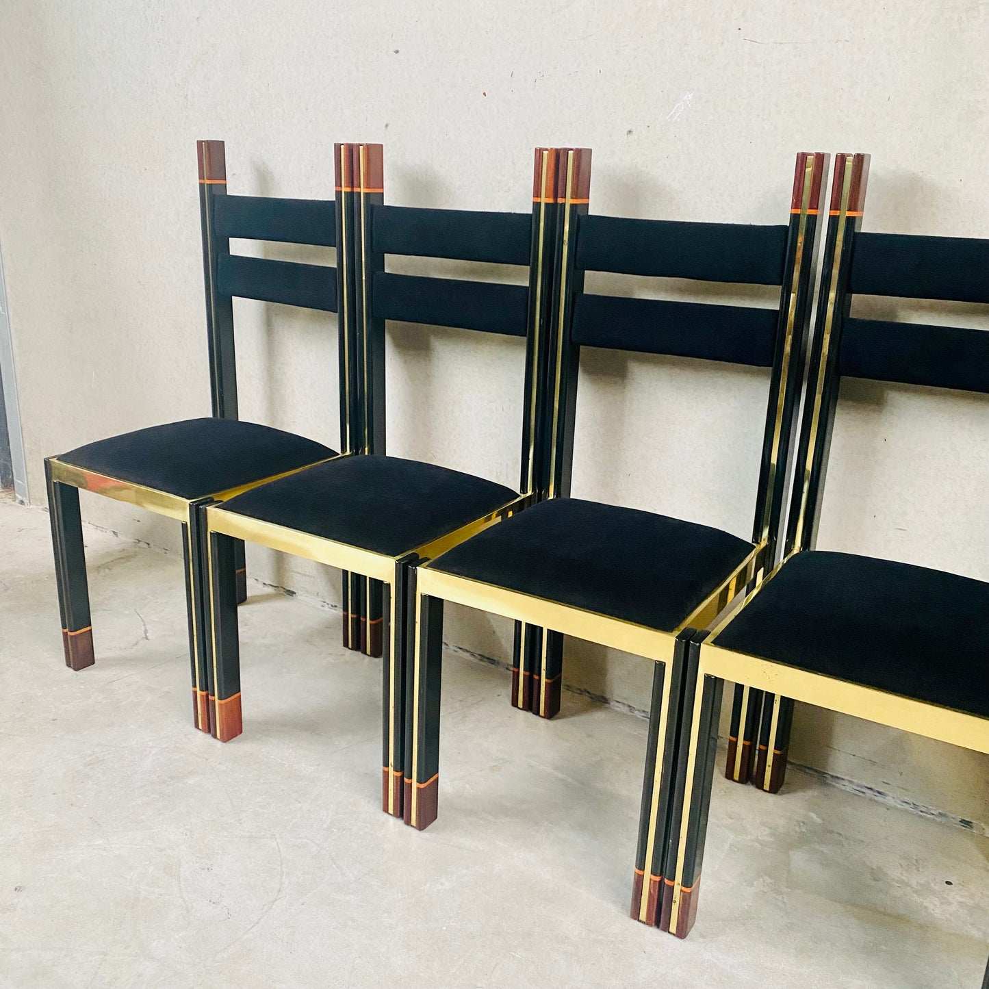 Mid-Century Brass and Italian Walnut Dining Chairs by Paolo Barracchia for Roman Deco, Italy 1978
