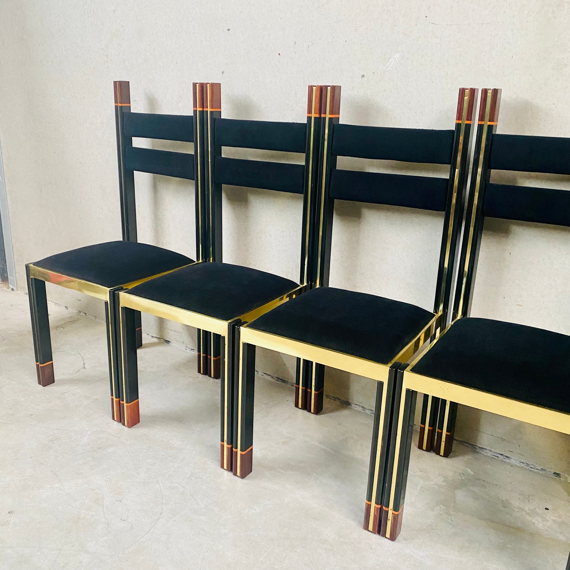Mid-Century Brass and Italian Walnut Dining Chairs by Paolo Barracchia for Roman Deco, Italy 1978