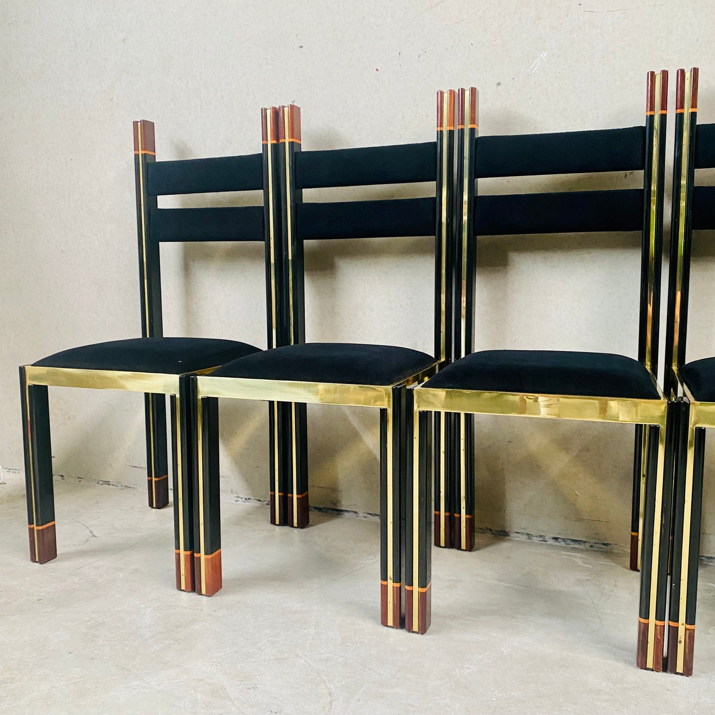 Mid-Century Brass and Italian Walnut Dining Chairs by Paolo Barracchia for Roman Deco, Italy 1978