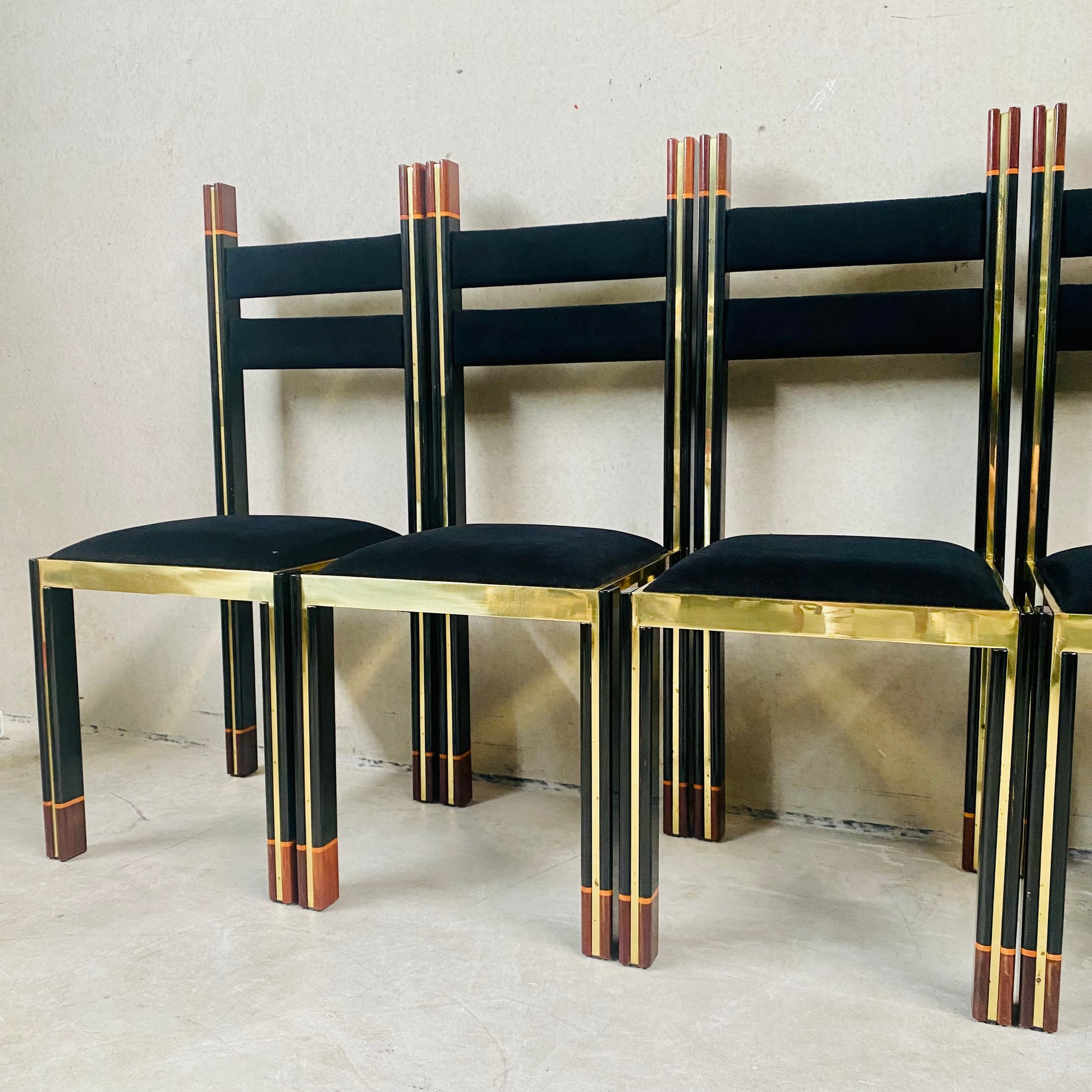 Mid-Century Brass and Italian Walnut Dining Chairs by Paolo Barracchia for Roman Deco, Italy 1978