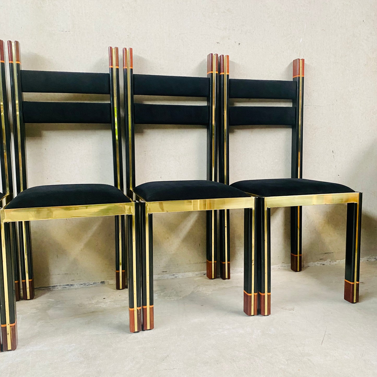 Mid-Century Brass and Italian Walnut Dining Chairs by Paolo Barracchia for Roman Deco, Italy 1978