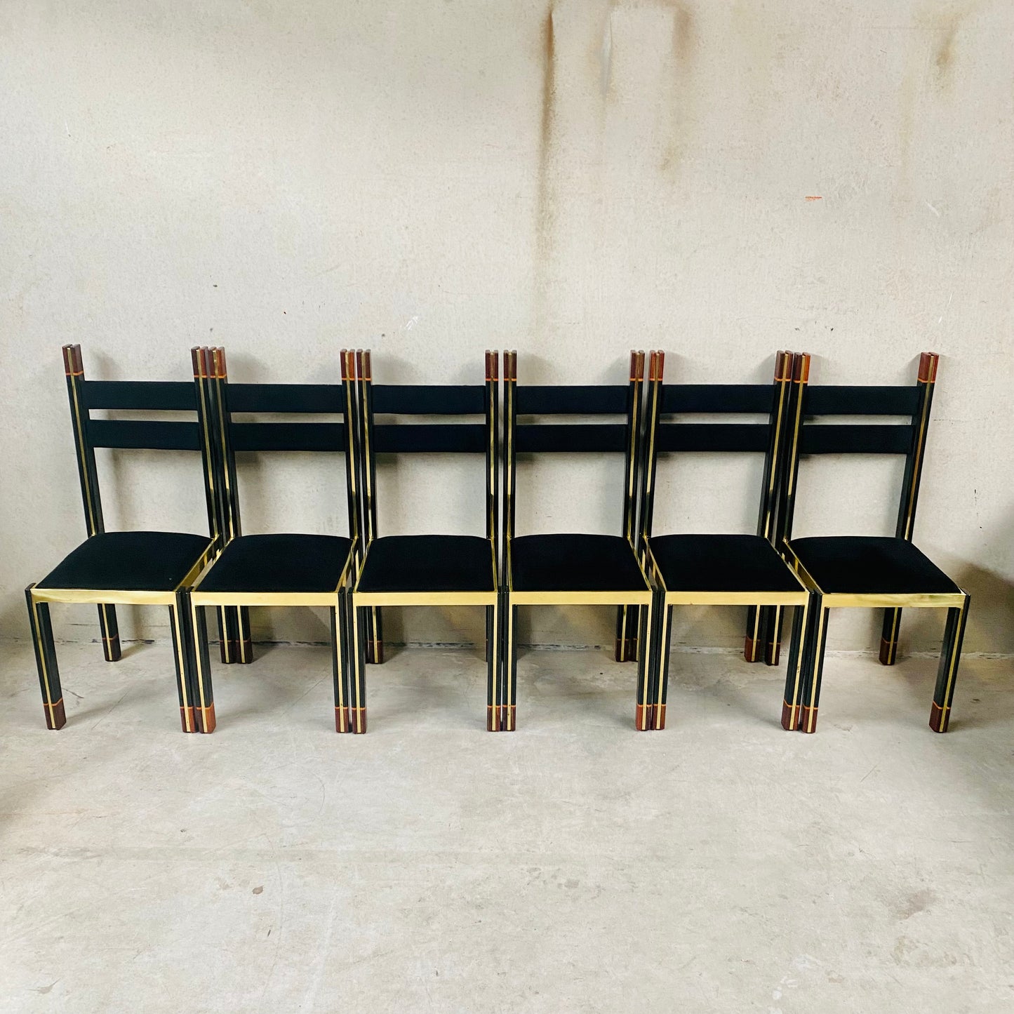 Mid-Century Brass and Italian Walnut Dining Chairs by Paolo Barracchia for Roman Deco, Italy 1978