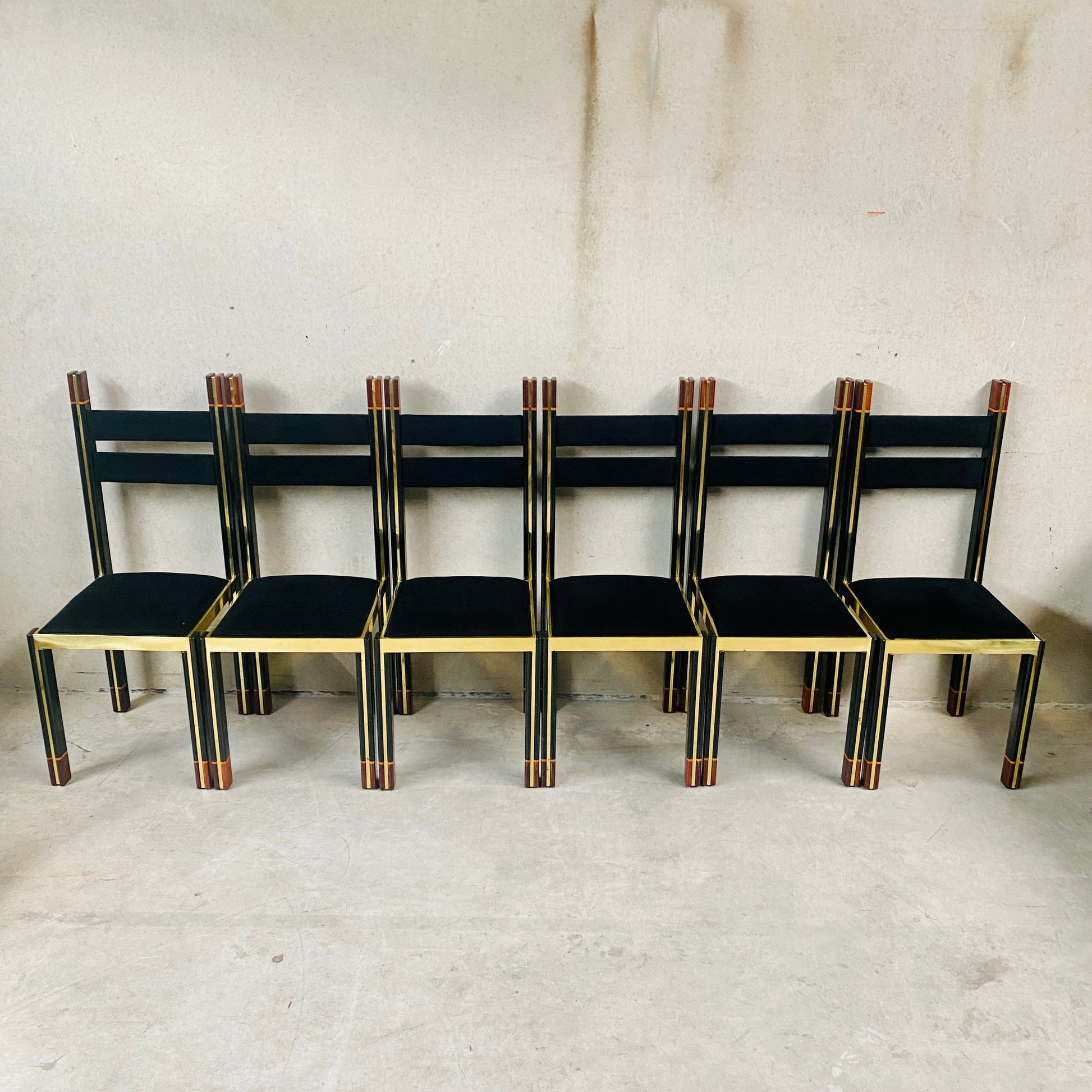 Mid-Century Brass and Italian Walnut Dining Chairs by Paolo Barracchia for Roman Deco, Italy 1978