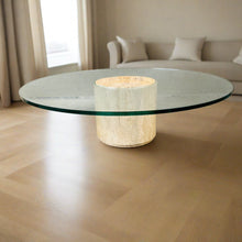 Load image into Gallery viewer, Mid-Century Round Travertine Glass Coffee Table Italy 1970

