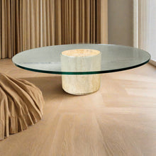 Load image into Gallery viewer, Mid-Century Round Travertine Glass Coffee Table Italy 1970
