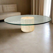 Load image into Gallery viewer, Mid-Century Round Travertine Glass Coffee Table Italy 1970
