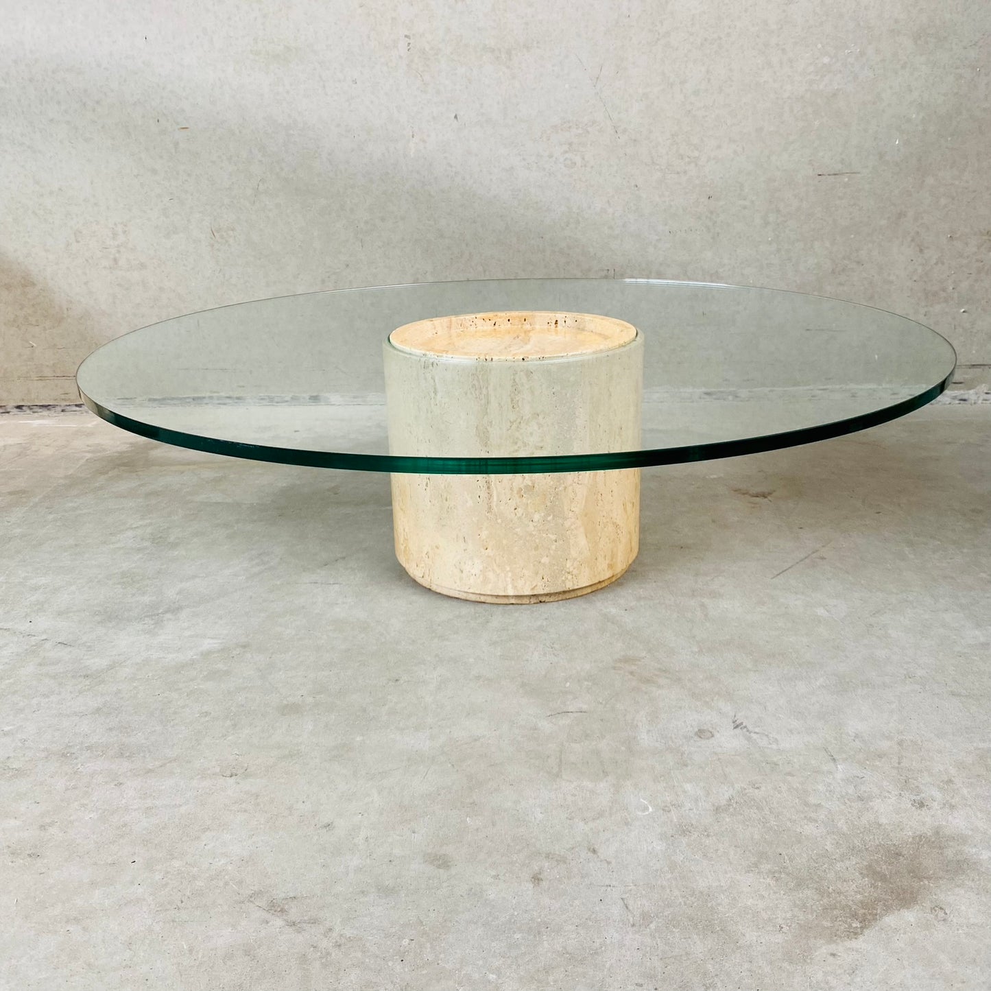 Mid-Century Round Travertine Glass Coffee Table Italy 1970