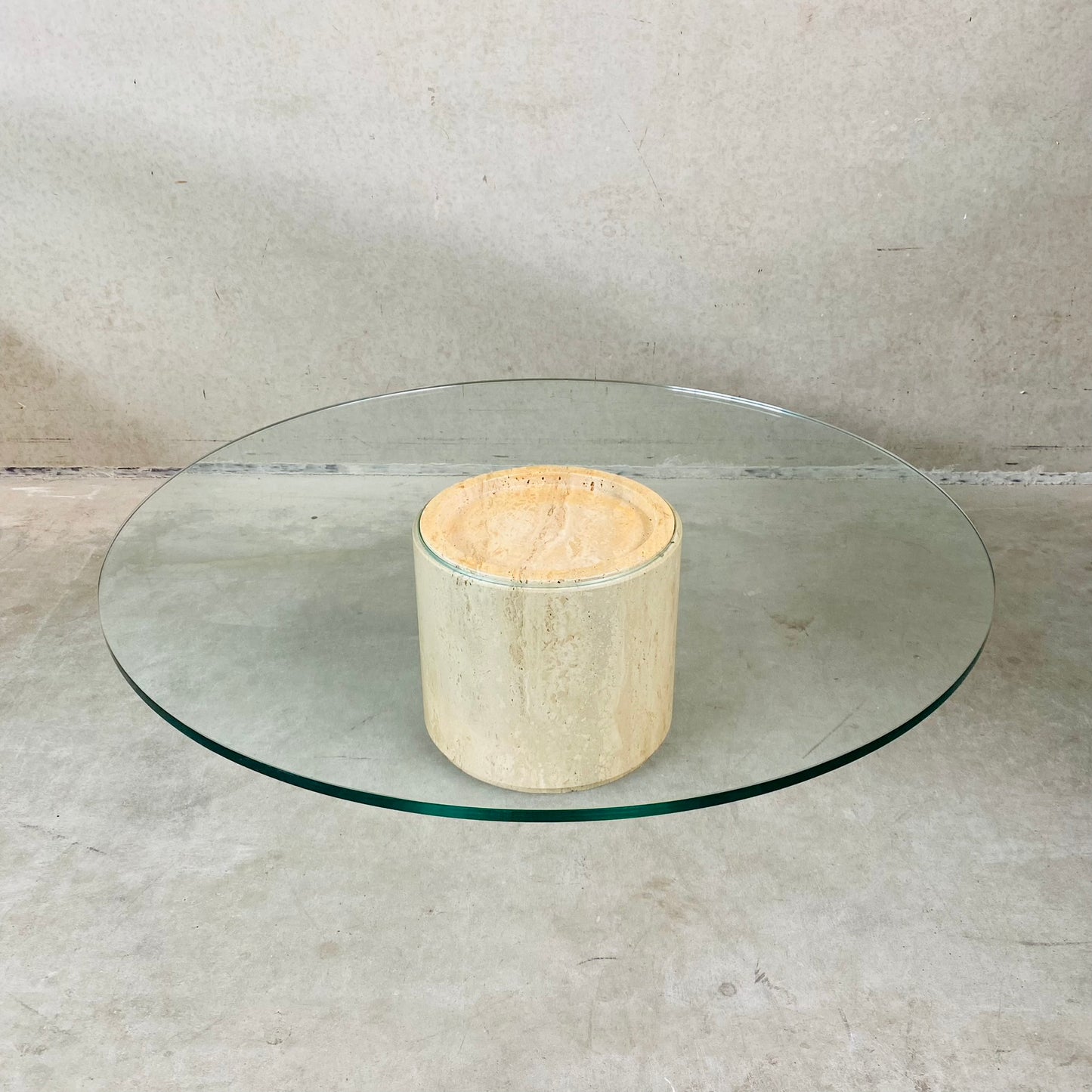 Mid-Century Round Travertine Glass Coffee Table Italy 1970