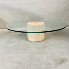 Load image into Gallery viewer, Mid-Century Round Travertine Glass Coffee Table Italy 1970
