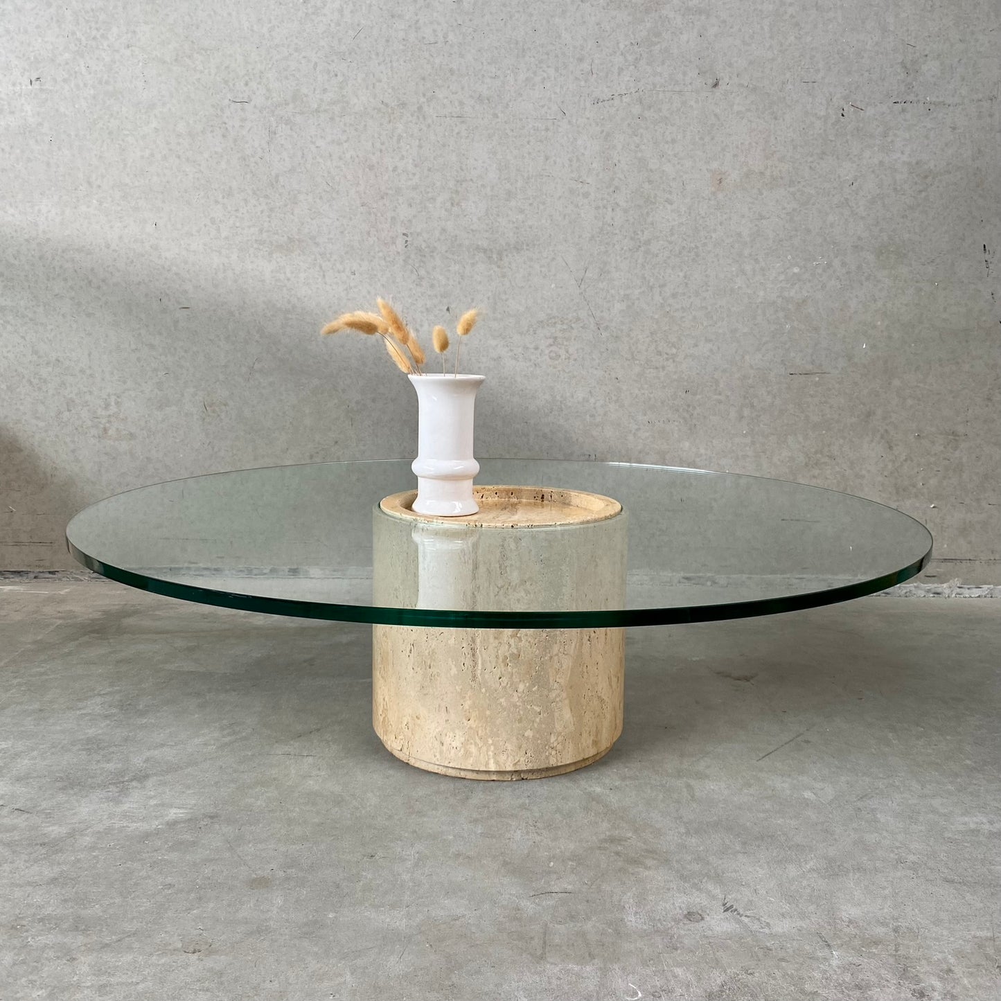 Mid-Century Round Travertine Glass Coffee Table Italy 1970