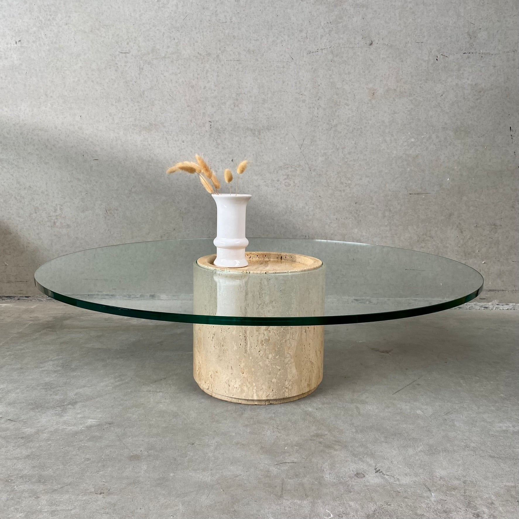 Mid-Century Round Travertine Glass Coffee Table Italy 1970
