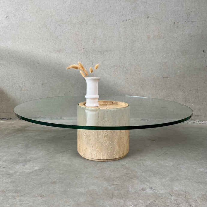 Mid-Century Round Travertine Glass Coffee Table Italy 1970
