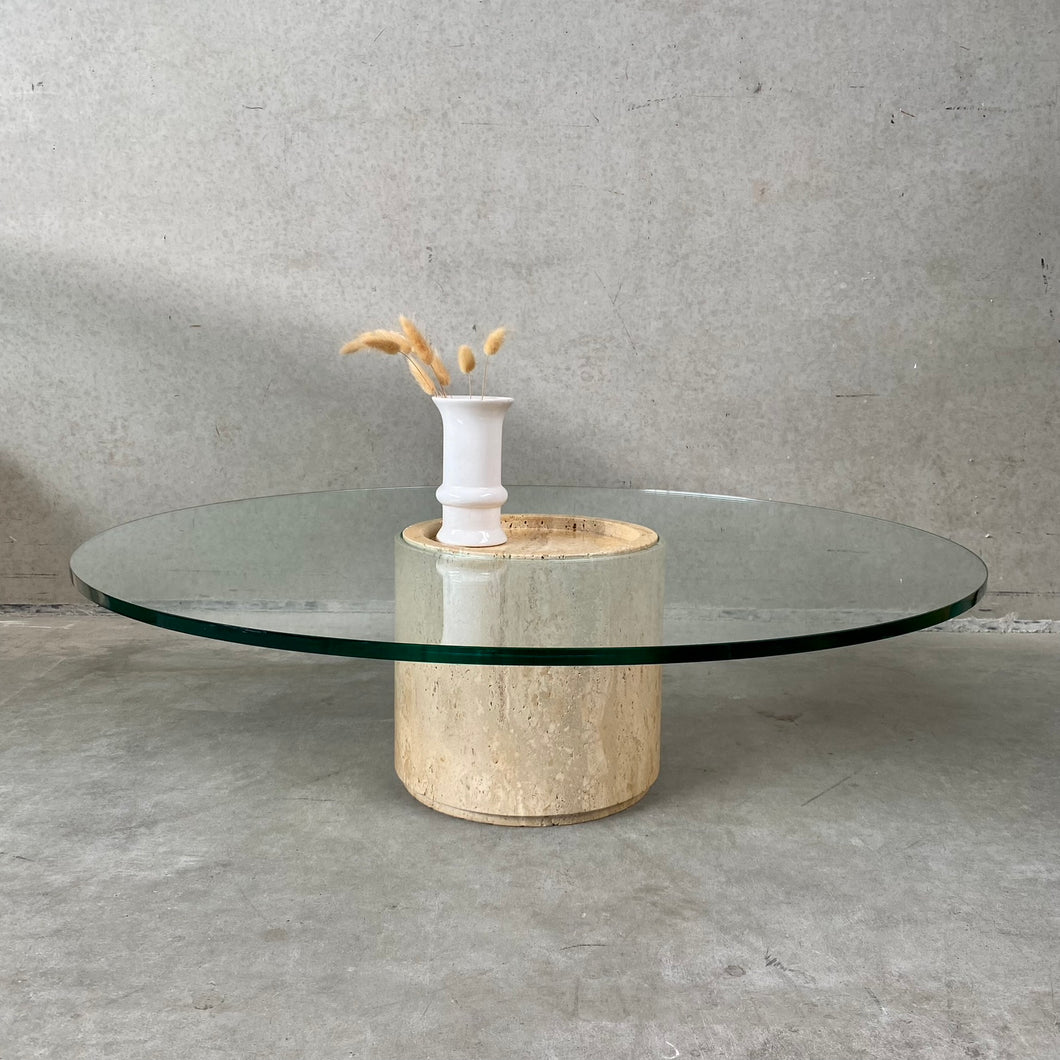 Mid-Century Round Travertine Glass Coffee Table Italy 1970