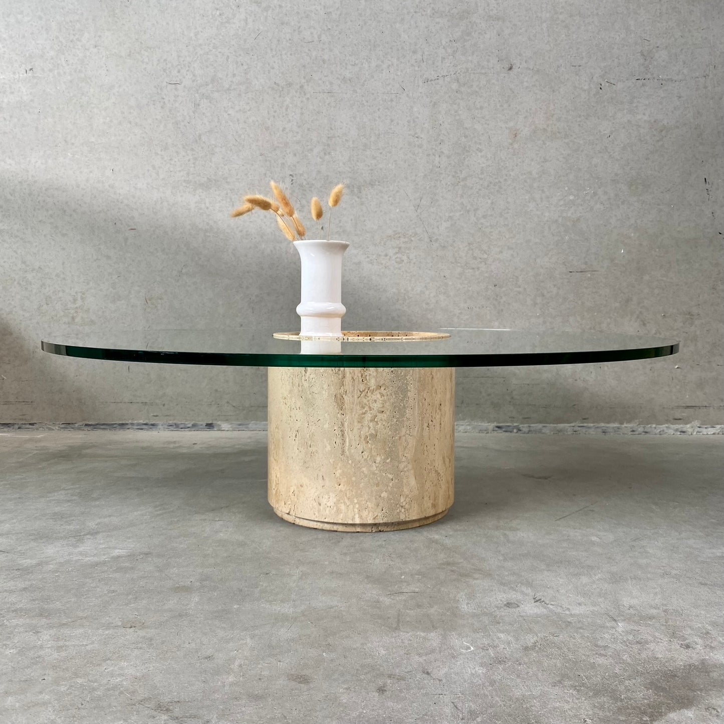 Mid-Century Round Travertine Glass Coffee Table Italy 1970