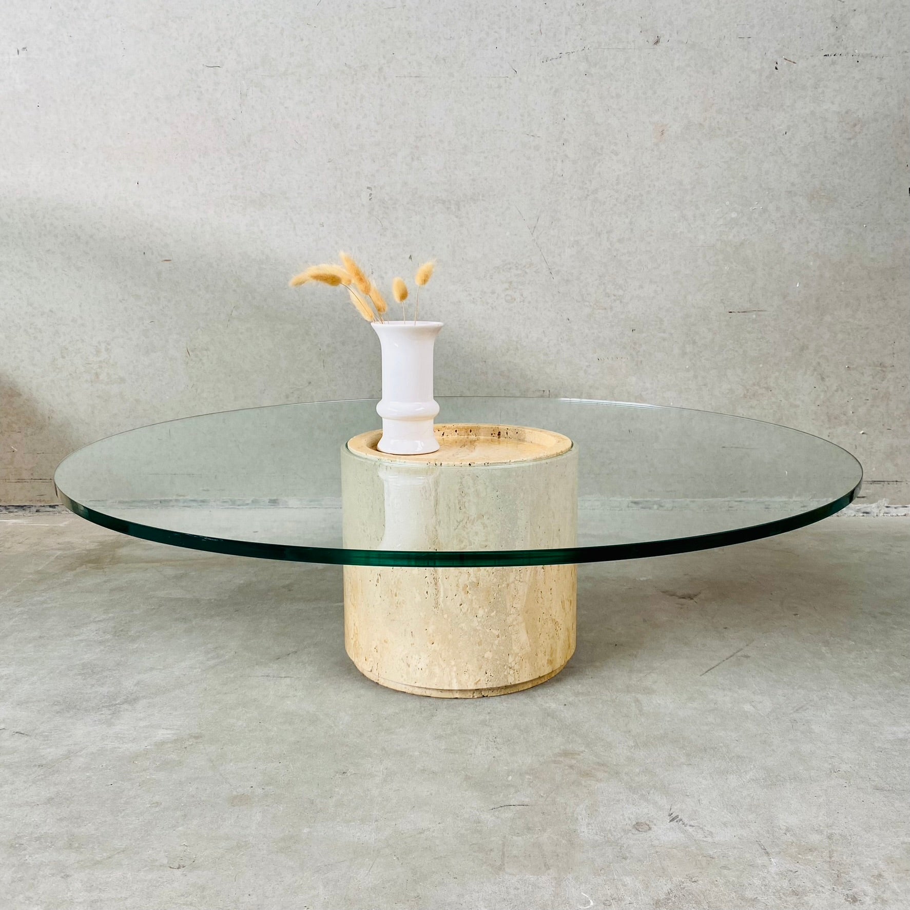 Mid-Century Round Travertine Glass Coffee Table Italy 1970