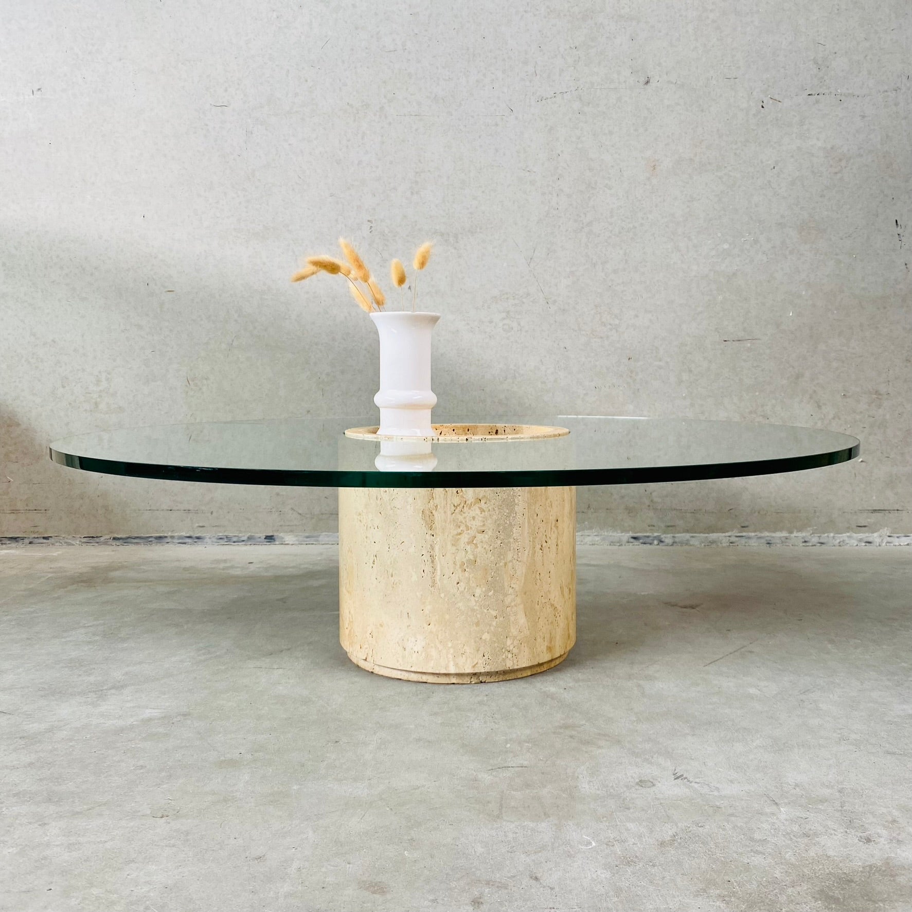 Mid-Century Round Travertine Glass Coffee Table Italy 1970
